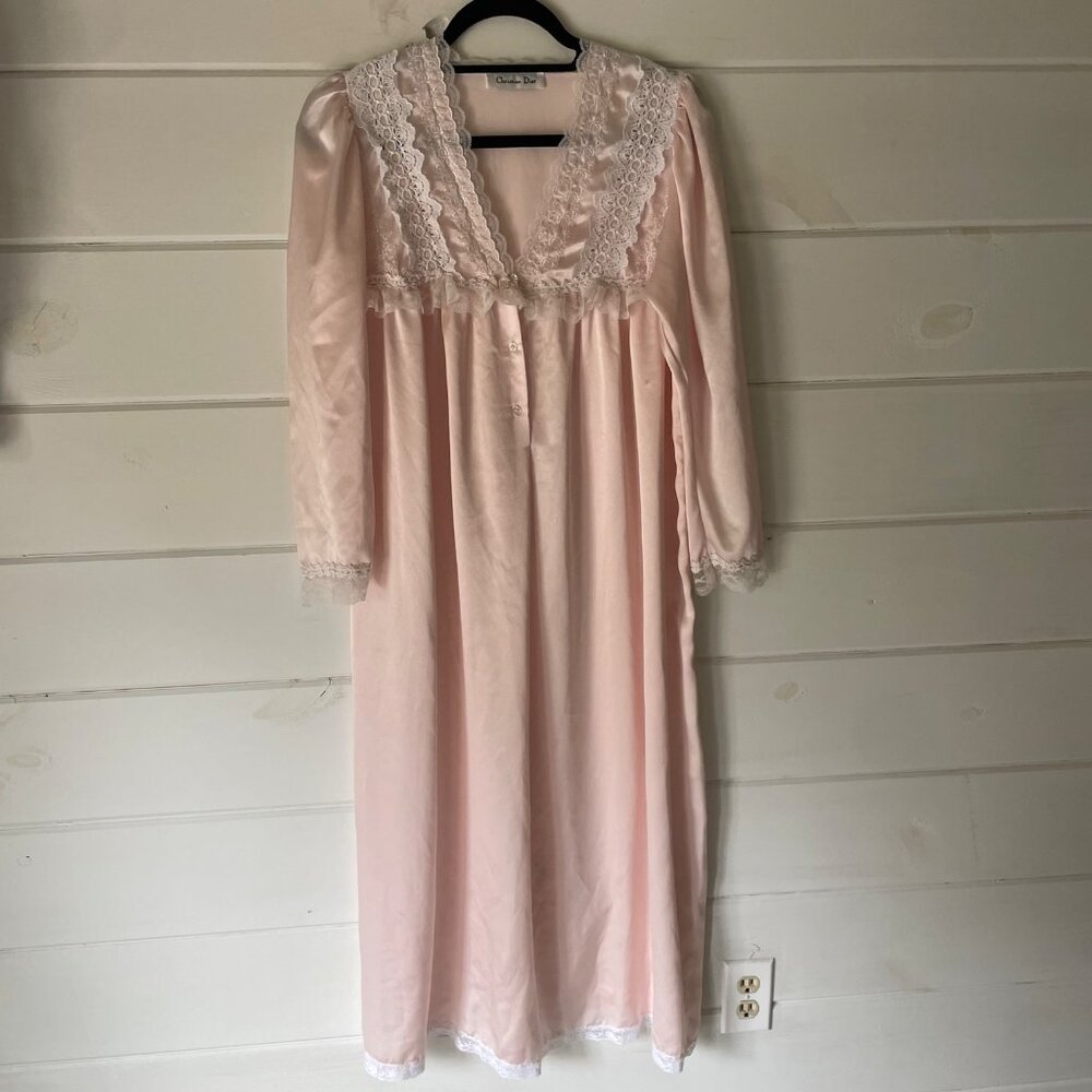 Vintage Christian Dior Pastel Pink Satin Lace Long Nightgown Women's Small See M
